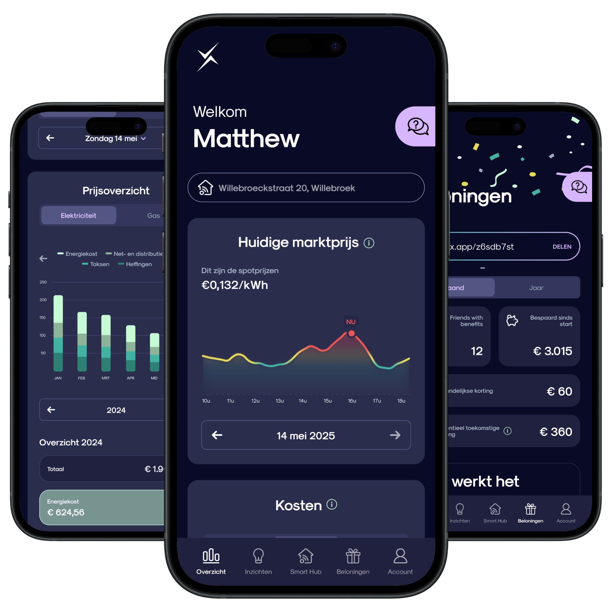 Ecofix app schermen — overzicht, marktprijzen en beloningen